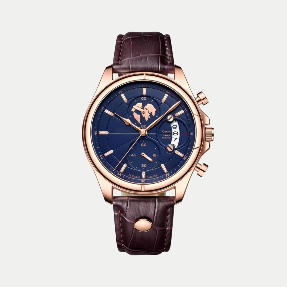 Breckmont Meridian men's dress watch rose gold case blue dial brown leather strap