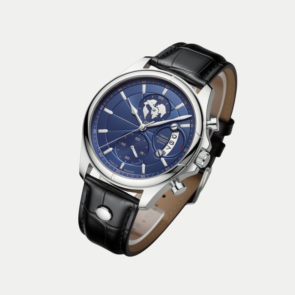 Breckmont Meridian silver classic men's watch side view blue dial