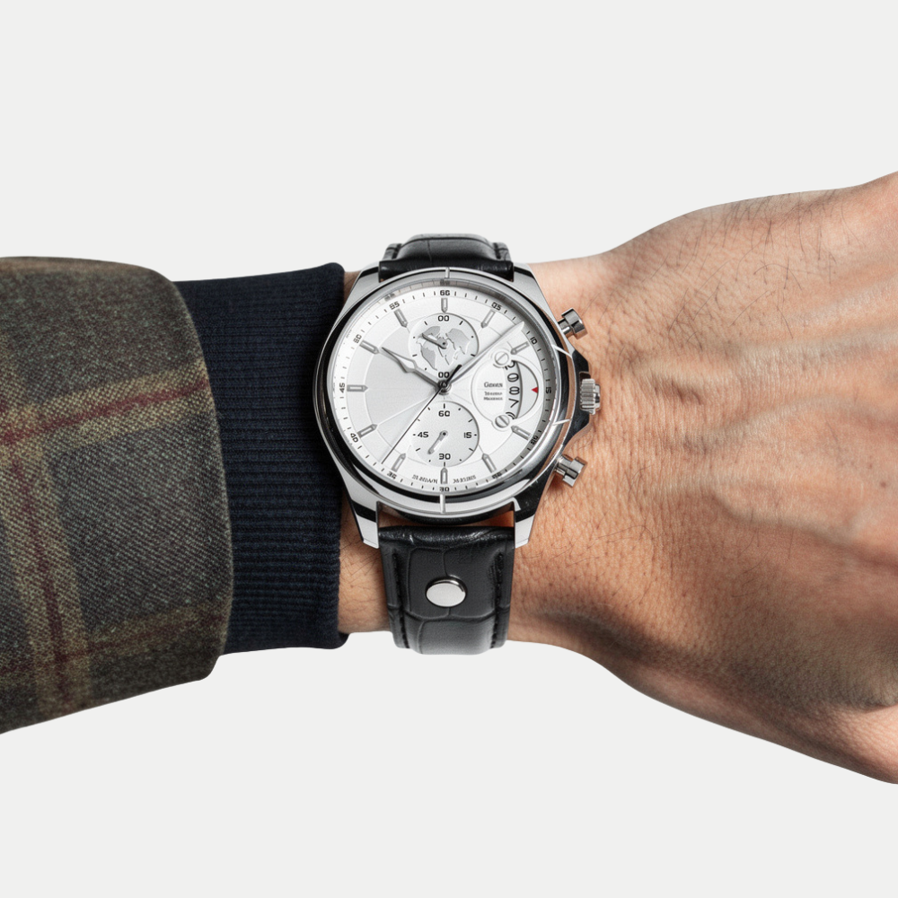 Breckmont Meridian silver men's dress watch on wrist white dial black leather strap