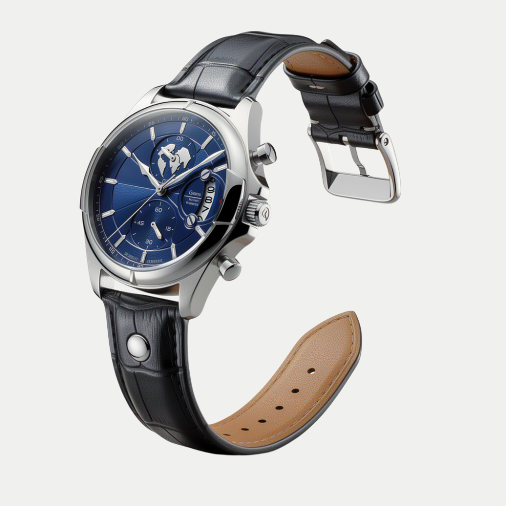 Breckmont Meridian black leather strap men's dress watch blue dial