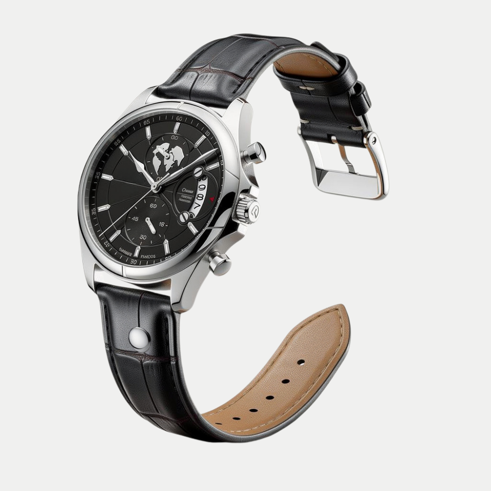 Breckmont Meridian black leather strap men's dress watch black dial