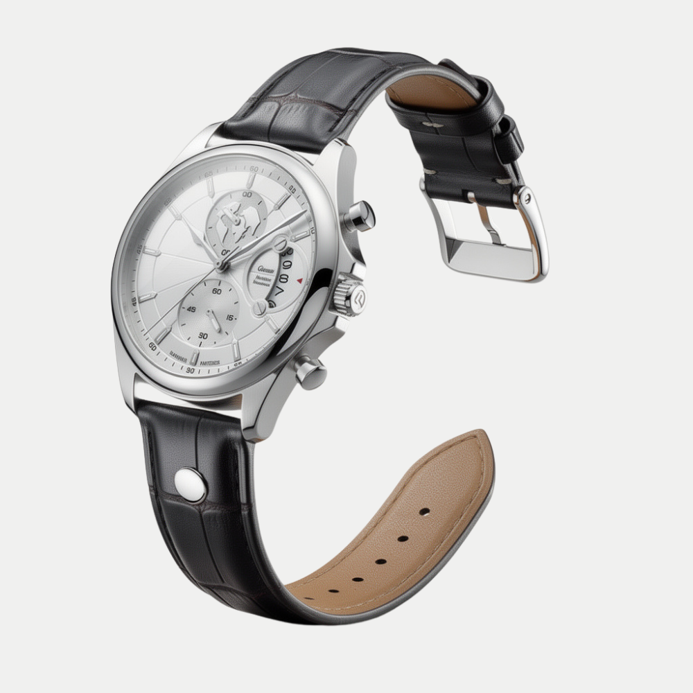 Breckmont Meridian black leather strap men's dress watch white dial