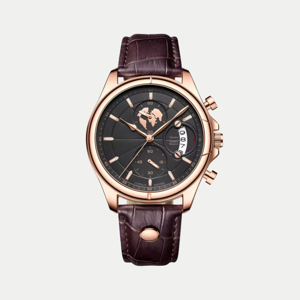 Breckmont Meridian men's dress watch rose gold case black dial brown leather strap