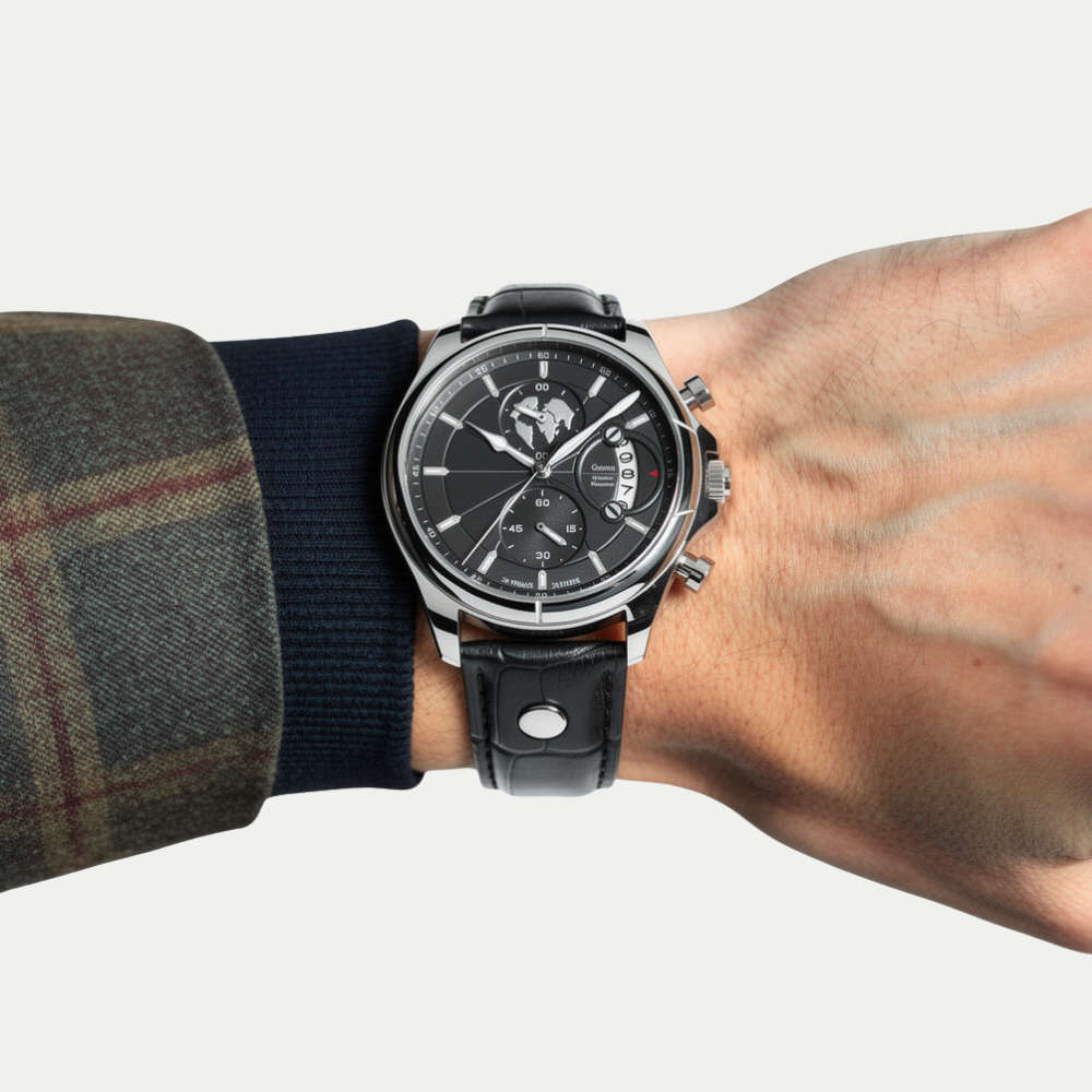 Breckmont Meridian silver men's dress watch on wrist black dial black leather strap